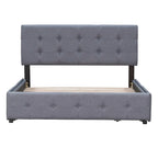 Lit plateforme grand format avec tête de lit capitonnée et 4 tiroirs, blanc/gris foncé/beige/gris clair, pour 2 personnes