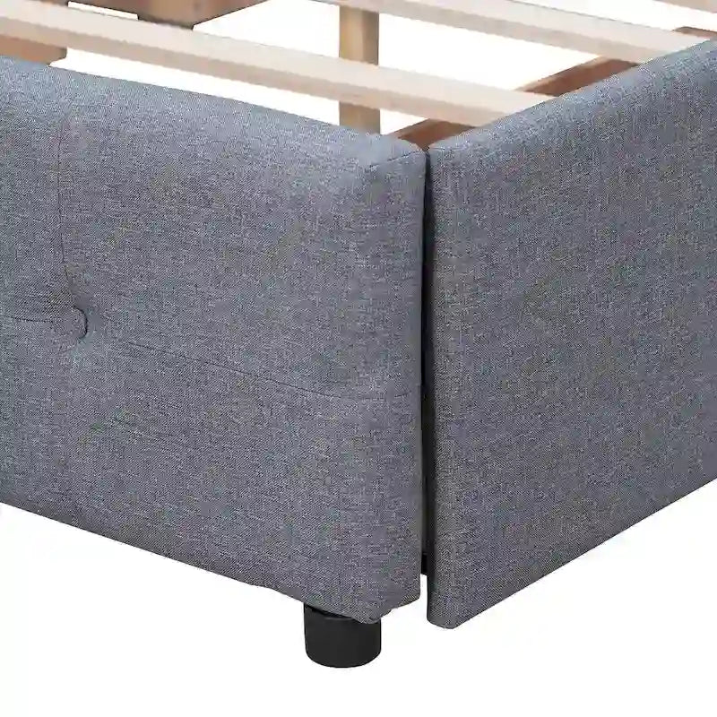 Lit plateforme grand format avec tête de lit capitonnée et 4 tiroirs, blanc/gris foncé/beige/gris clair, pour 2 personnes