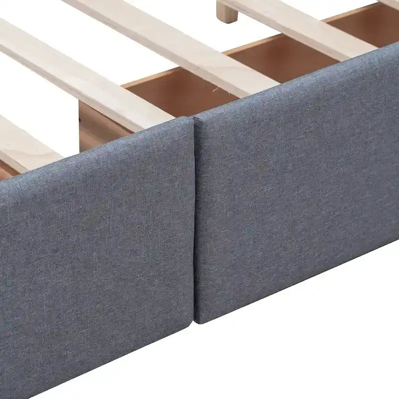 Lit plateforme grand format avec tête de lit capitonnée et 4 tiroirs, blanc/gris foncé/beige/gris clair, pour 2 personnes