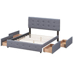 Lit plateforme grand format avec tête de lit capitonnée et 4 tiroirs, blanc/gris foncé/beige/gris clair, pour 2 personnes