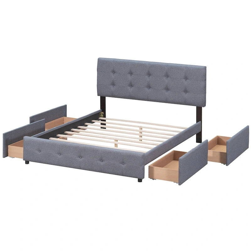 Lit plateforme grand format avec tête de lit capitonnée et 4 tiroirs, blanc/gris foncé/beige/gris clair, pour 2 personnes