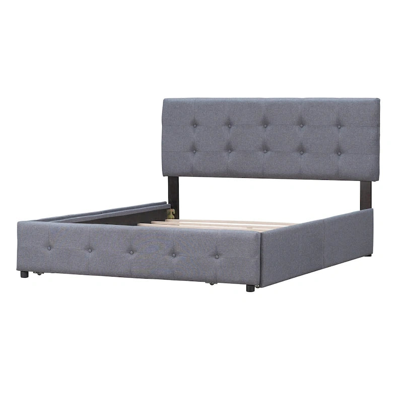 Lit plateforme grand format avec tête de lit capitonnée et 4 tiroirs, blanc/gris foncé/beige/gris clair, pour 2 personnes