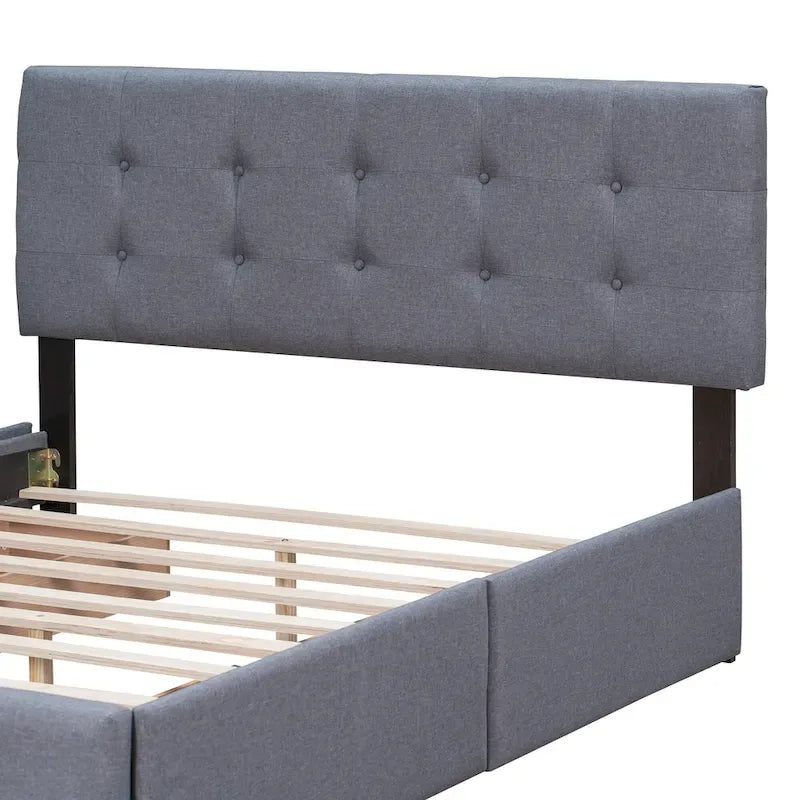Lit plateforme grand format avec tête de lit capitonnée et 4 tiroirs, blanc/gris foncé/beige/gris clair, pour 2 personnes