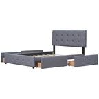 Lit plateforme grand format avec tête de lit capitonnée et 4 tiroirs, blanc/gris foncé/beige/gris clair, pour 2 personnes
