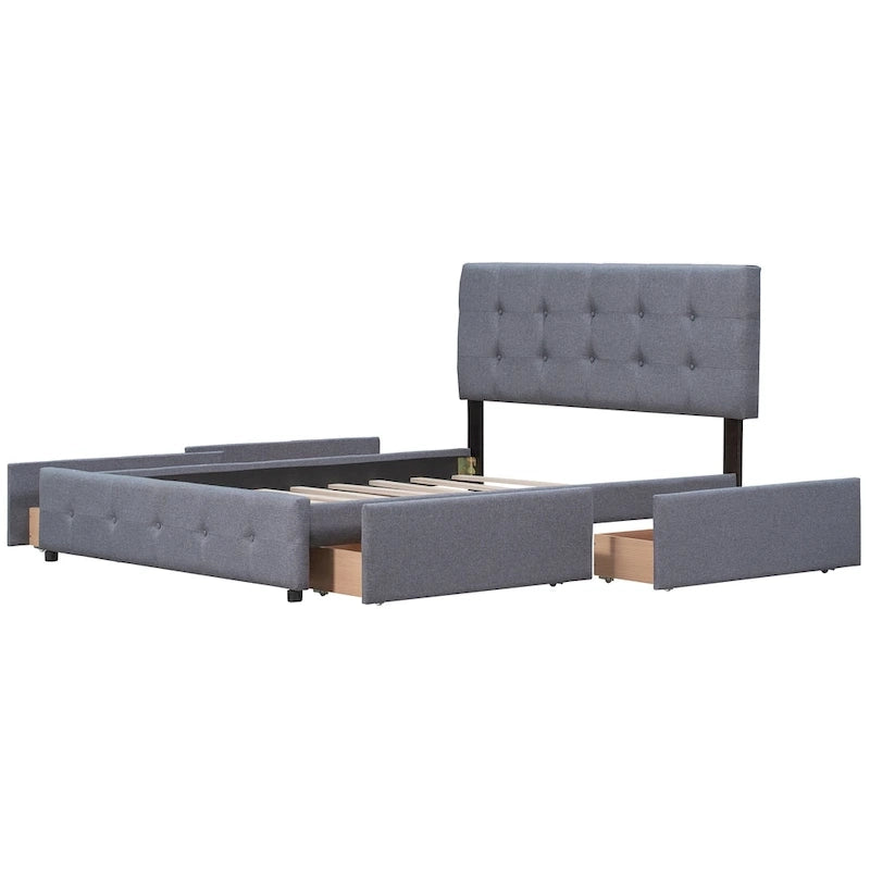 Lit plateforme grand format avec tête de lit capitonnée et 4 tiroirs, blanc/gris foncé/beige/gris clair, pour 2 personnes