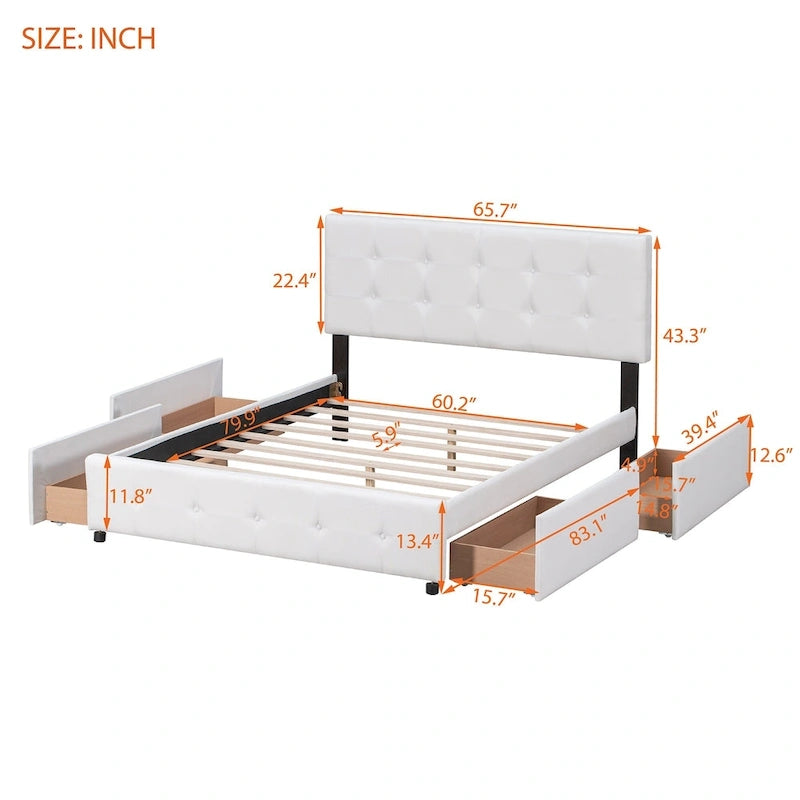 Lit plateforme grand format avec tête de lit capitonnée et 4 tiroirs, blanc/gris foncé/beige/gris clair, pour 2 personnes