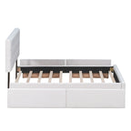 Lit plateforme grand format avec tête de lit capitonnée et 4 tiroirs, blanc/gris foncé/beige/gris clair, pour 2 personnes