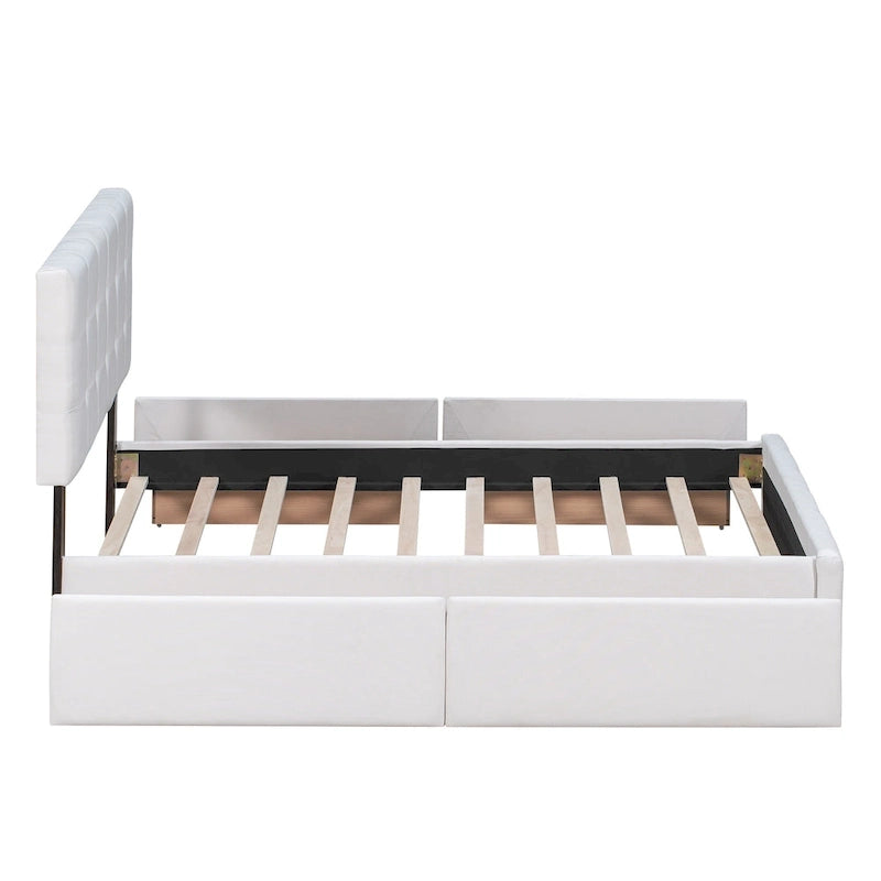 Lit plateforme grand format avec tête de lit capitonnée et 4 tiroirs, blanc/gris foncé/beige/gris clair, pour 2 personnes