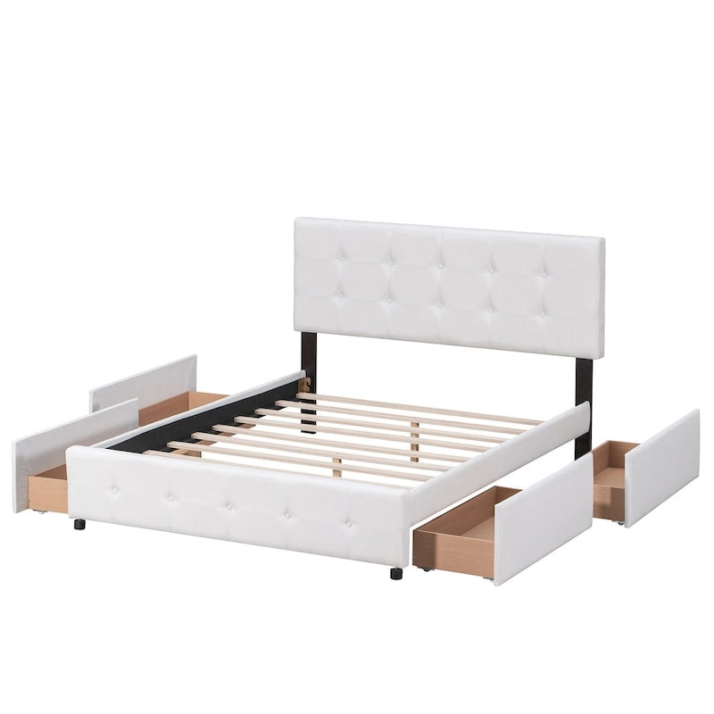Lit plateforme grand format avec tête de lit capitonnée et 4 tiroirs, blanc/gris foncé/beige/gris clair, pour 2 personnes