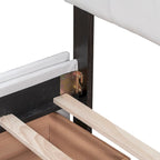 Lit plateforme grand format avec tête de lit capitonnée et 4 tiroirs, blanc/gris foncé/beige/gris clair, pour 2 personnes