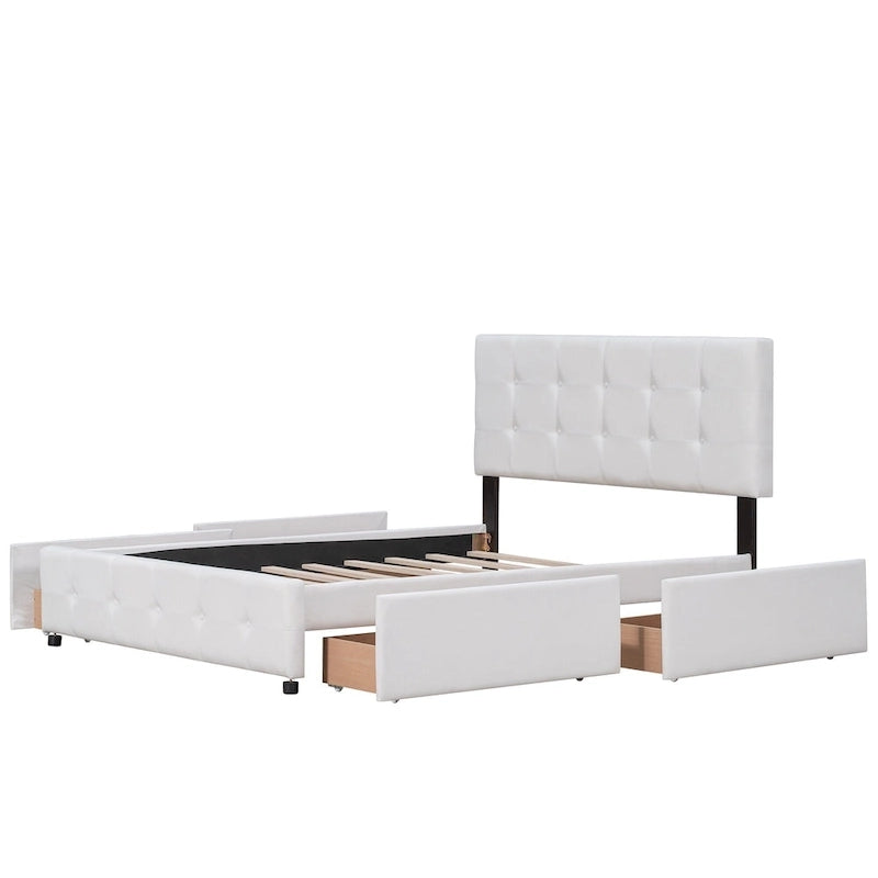 Lit plateforme grand format avec tête de lit capitonnée et 4 tiroirs, blanc/gris foncé/beige/gris clair, pour 2 personnes