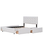 Lit plateforme grand format avec tête de lit capitonnée et 4 tiroirs, blanc/gris foncé/beige/gris clair, pour 2 personnes