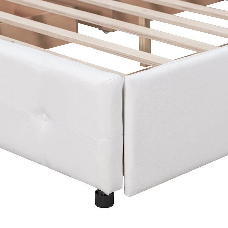 Lit plateforme grand format avec tête de lit capitonnée et 4 tiroirs, blanc/gris foncé/beige/gris clair, pour 2 personnes