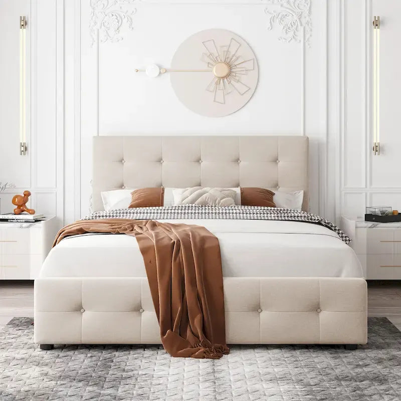 Lit plateforme grand format avec tête de lit capitonnée et 4 tiroirs, blanc/gris foncé/beige/gris clair, pour 2 personnes