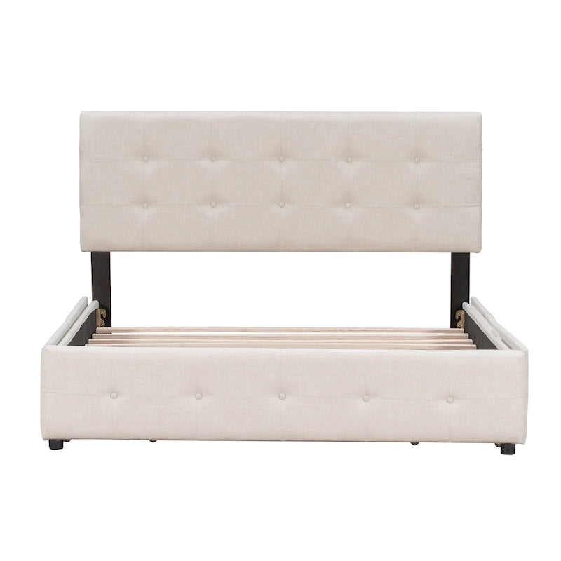 Lit plateforme grand format avec tête de lit capitonnée et 4 tiroirs, blanc/gris foncé/beige/gris clair, pour 2 personnes