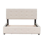 Lit plateforme grand format avec tête de lit capitonnée et 4 tiroirs, blanc/gris foncé/beige/gris clair, pour 2 personnes