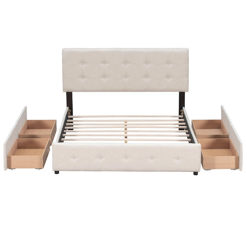 Lit plateforme grand format avec tête de lit capitonnée et 4 tiroirs, blanc/gris foncé/beige/gris clair, pour 2 personnes