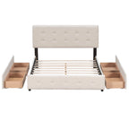 Lit plateforme grand format avec tête de lit capitonnée et 4 tiroirs, blanc/gris foncé/beige/gris clair, pour 2 personnes