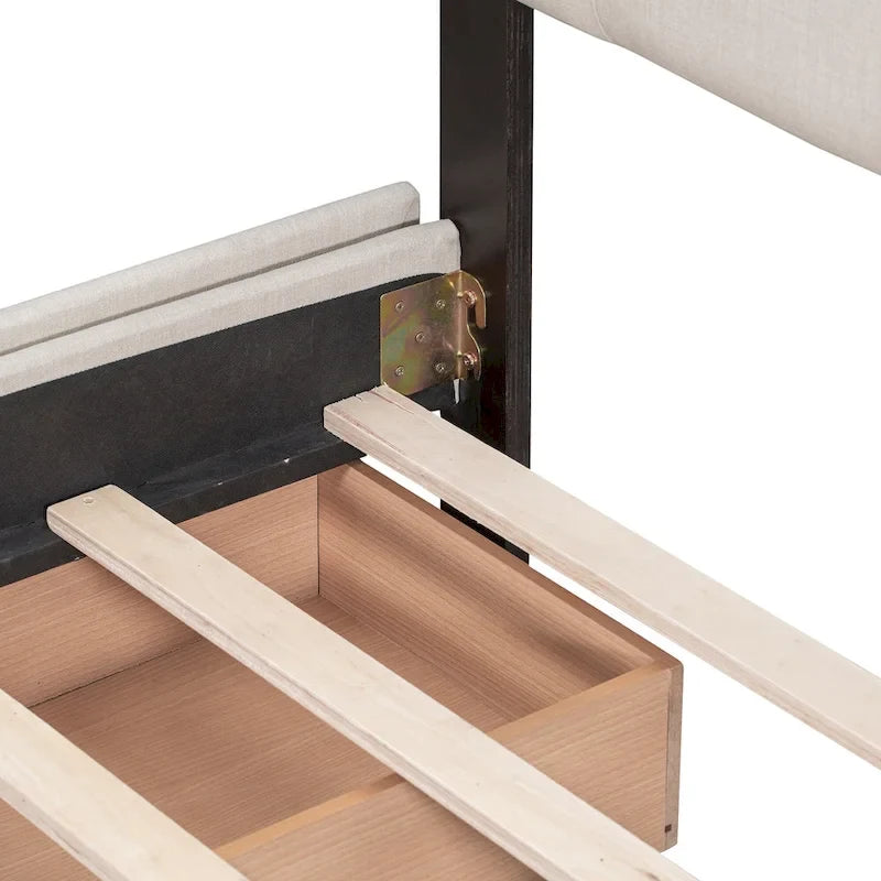 Lit plateforme grand format avec tête de lit capitonnée et 4 tiroirs, blanc/gris foncé/beige/gris clair, pour 2 personnes