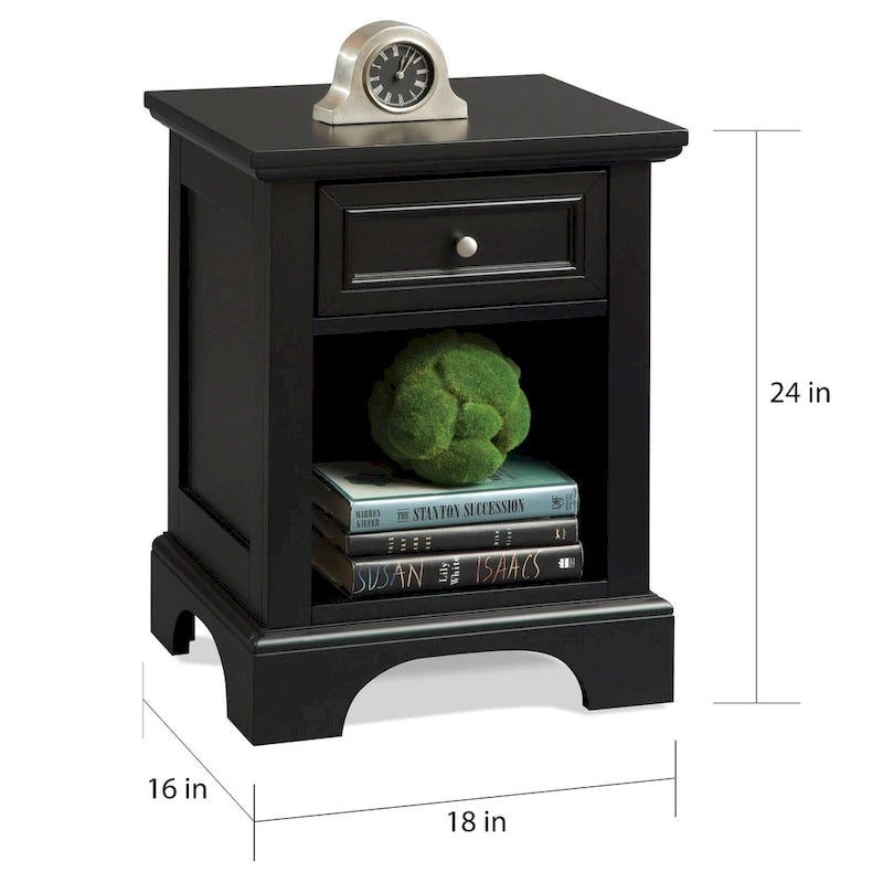Table de chevet noire 1 tiroir, bois massif et bois composite