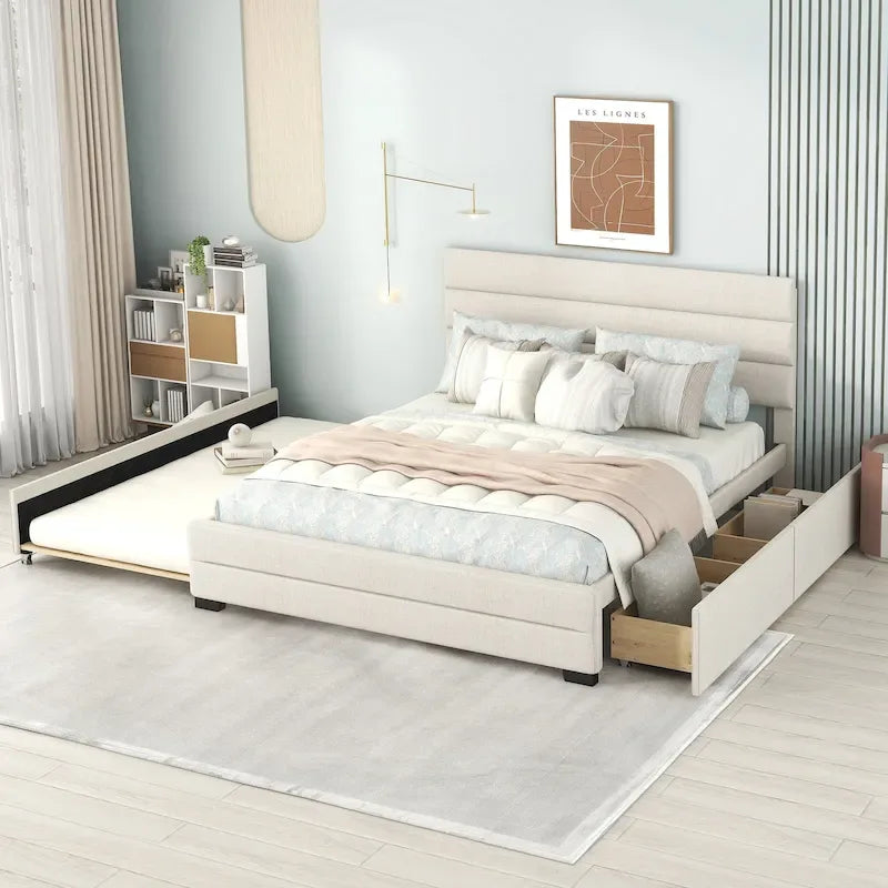Lit plateforme tapissé de lin beige/gris avec lit gigogne – Double/Queen, 2 couchages