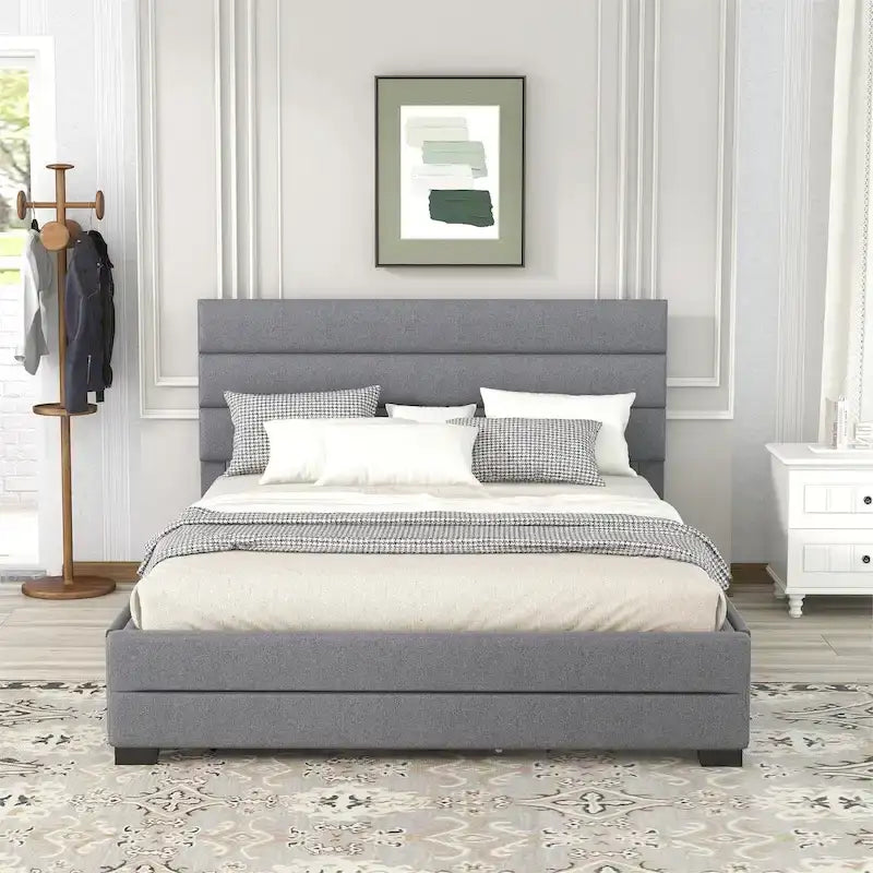 Lit plateforme tapissé de lin beige/gris avec lit gigogne – Double/Queen, 2 couchages
