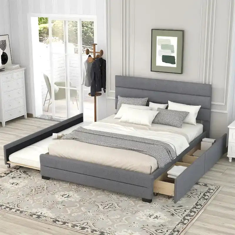 Lit plateforme tapissé de lin beige/gris avec lit gigogne – Double/Queen, 2 couchages