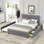 Lit plateforme tapissé de lin beige/gris avec lit gigogne – Double/Queen, 2 couchages