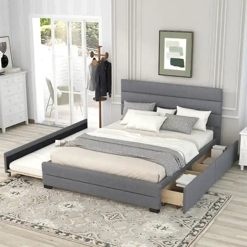 Lit plateforme tapissé de lin beige/gris avec lit gigogne – Double/Queen, 2 couchages