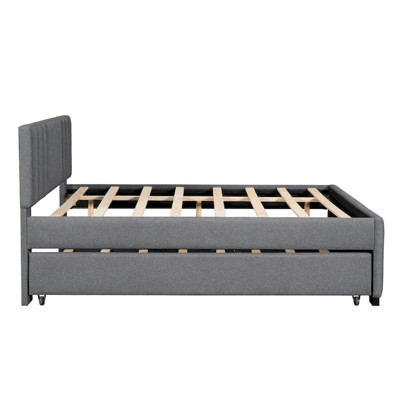 Lit plateforme tapissé de lin beige/gris avec lit gigogne – Double/Queen, 2 couchages