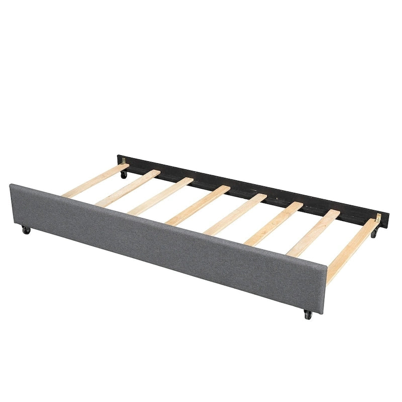 Lit plateforme tapissé de lin beige/gris avec lit gigogne – Double/Queen, 2 couchages