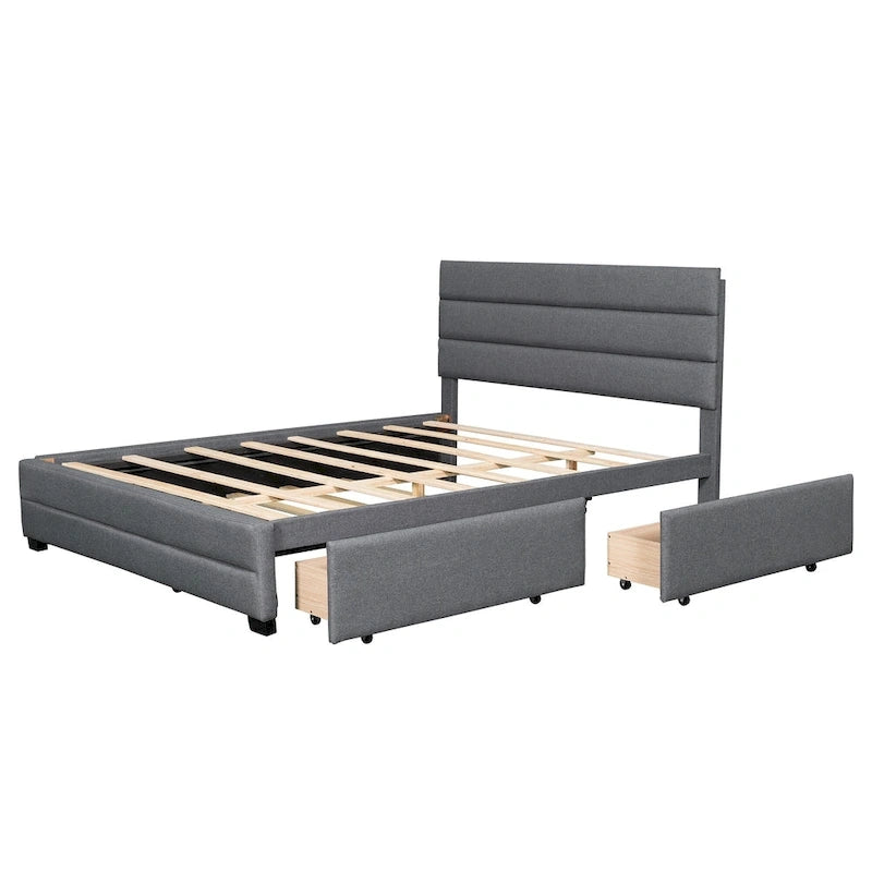 Lit plateforme tapissé de lin beige/gris avec lit gigogne – Double/Queen, 2 couchages