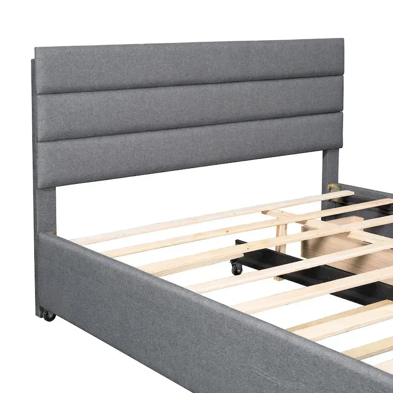 Lit plateforme tapissé de lin beige/gris avec lit gigogne – Double/Queen, 2 couchages