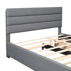 Lit plateforme tapissé de lin beige/gris avec lit gigogne – Double/Queen, 2 couchages