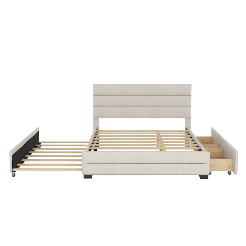 Lit plateforme tapissé de lin beige/gris avec lit gigogne – Double/Queen, 2 couchages