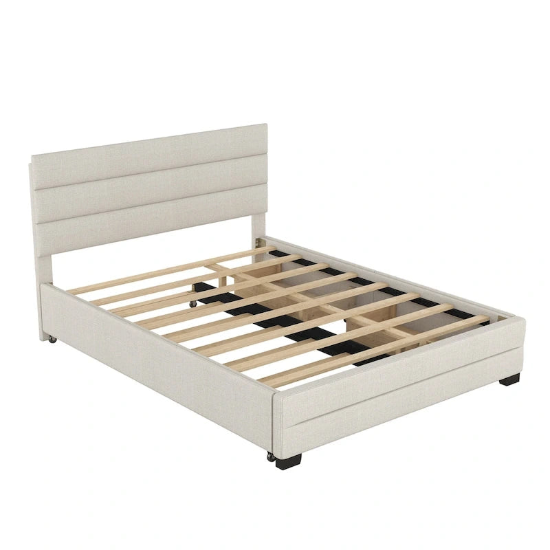 Lit plateforme tapissé de lin beige/gris avec lit gigogne – Double/Queen, 2 couchages