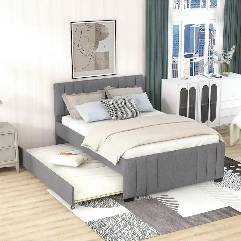 Lit plateforme tapissé de lin beige/gris avec lit gigogne – Double/Queen, 2 couchages