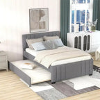 Lit plateforme tapissé de lin beige/gris avec lit gigogne – Double/Queen, 2 couchages