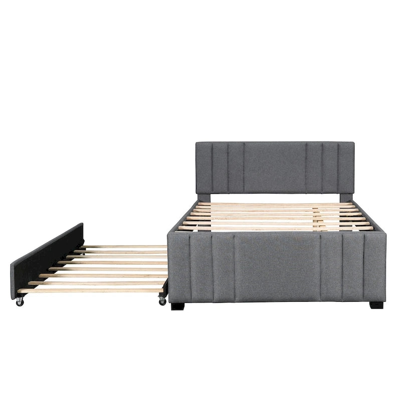 Lit plateforme tapissé de lin beige/gris avec lit gigogne – Double/Queen, 2 couchages