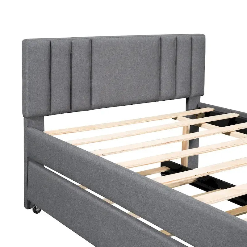 Lit plateforme tapissé de lin beige/gris avec lit gigogne – Double/Queen, 2 couchages
