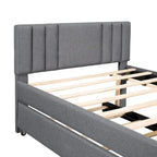 Lit plateforme tapissé de lin beige/gris avec lit gigogne – Double/Queen, 2 couchages