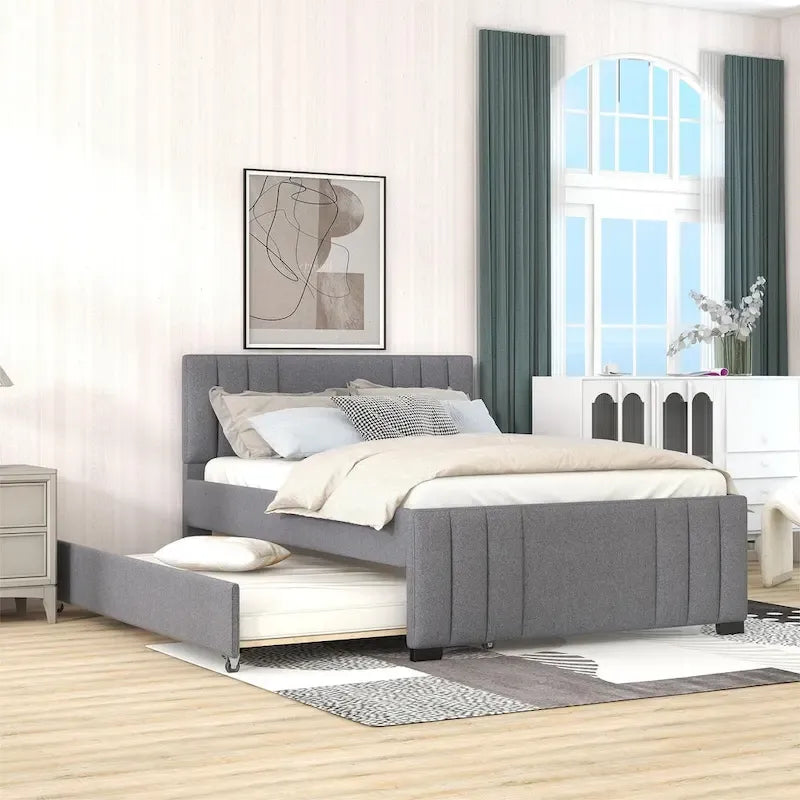 Lit plateforme tapissé de lin beige/gris avec lit gigogne – Double/Queen, 2 couchages