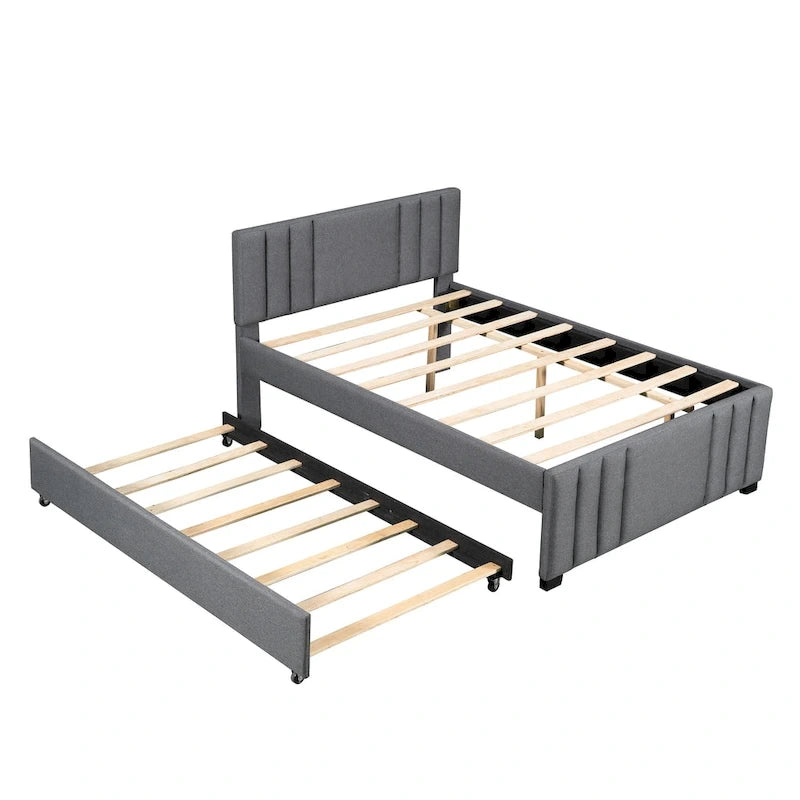 Lit plateforme tapissé de lin beige/gris avec lit gigogne – Double/Queen, 2 couchages