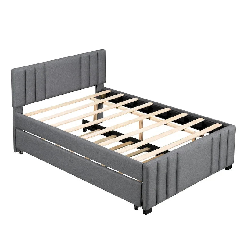 Lit plateforme tapissé de lin beige/gris avec lit gigogne – Double/Queen, 2 couchages