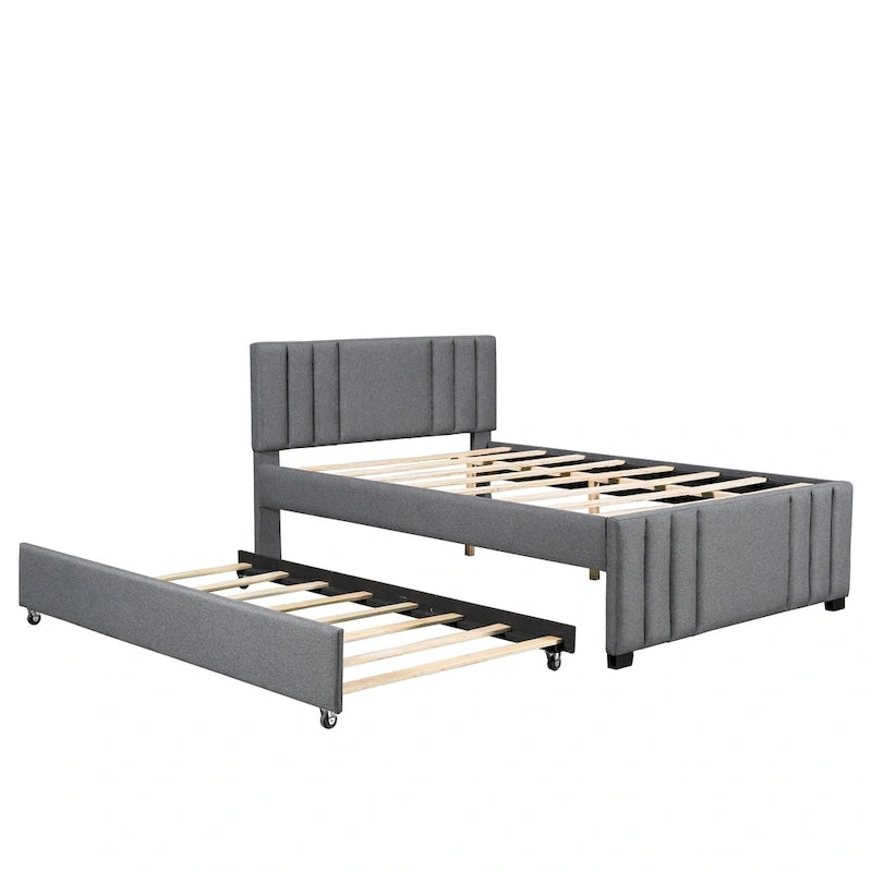 Lit plateforme tapissé de lin beige/gris avec lit gigogne – Double/Queen, 2 couchages