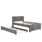 Lit plateforme tapissé de lin beige/gris avec lit gigogne – Double/Queen, 2 couchages