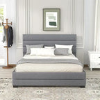 Lit plateforme tapissé de lin beige/gris avec lit gigogne – Double/Queen, 2 couchages
