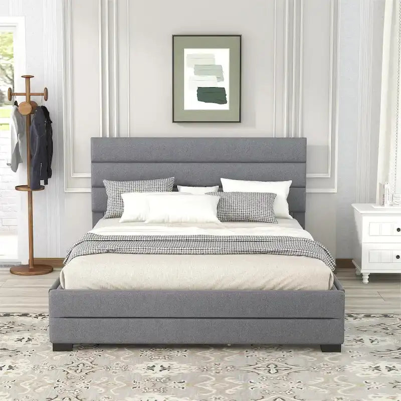 Lit plateforme tapissé de lin beige/gris avec lit gigogne – Double/Queen, 2 couchages
