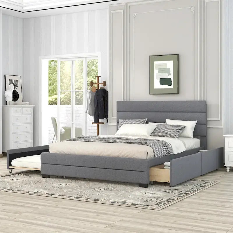 Lit plateforme tapissé de lin beige/gris avec lit gigogne – Double/Queen, 2 couchages