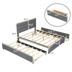 Lit plateforme tapissé de lin beige/gris avec lit gigogne – Double/Queen, 2 couchages
